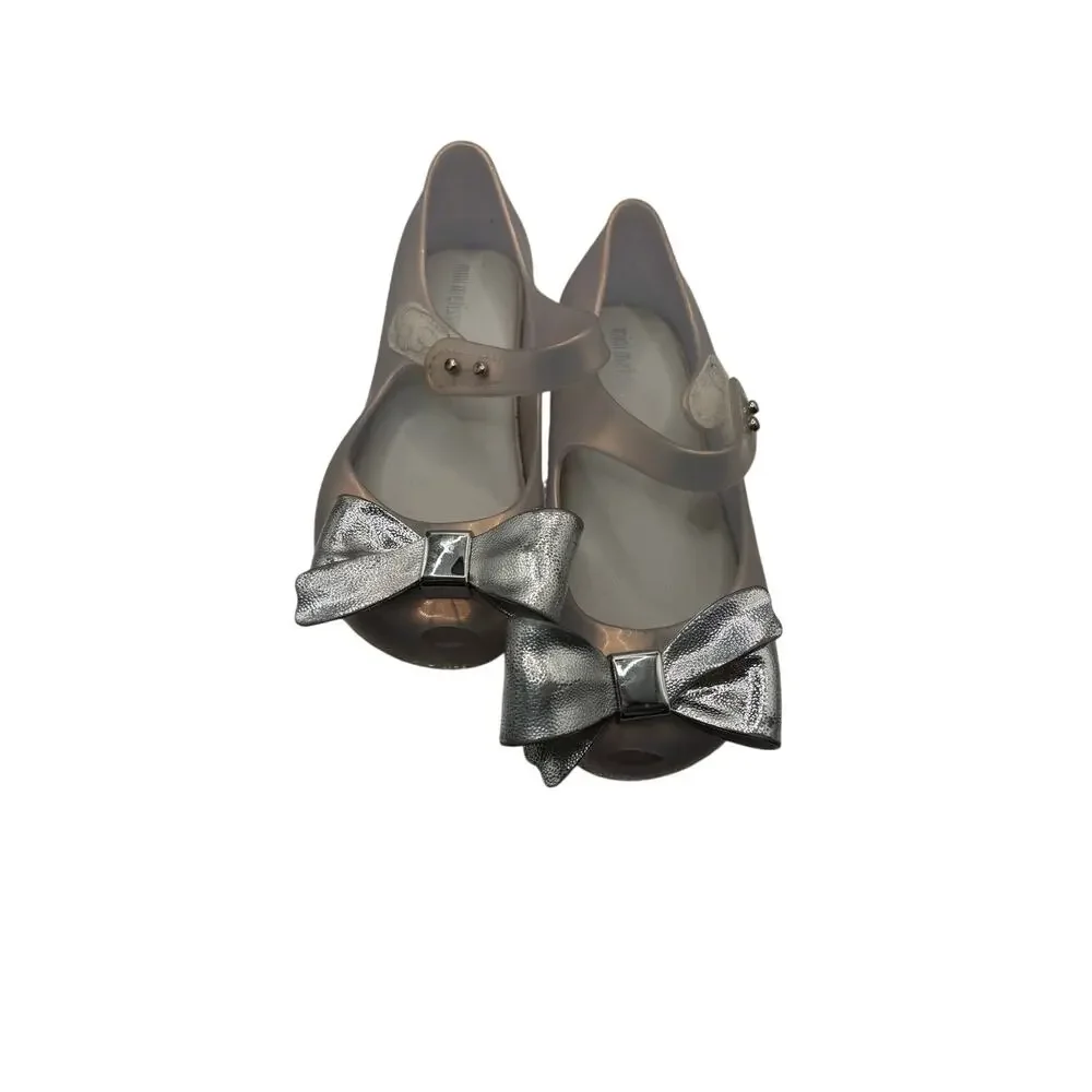 Mini Melissa Silver Bow Jelly Mary Jane Flats Girls Size 10